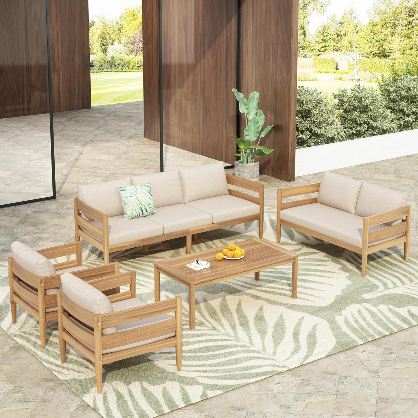 4-Piece Acacia Wood Patio Furniture Set with Loveseat, Club Chairs & Slatted Coffee Table, Outdoor Conversation Set for Patio, Garden & Deck