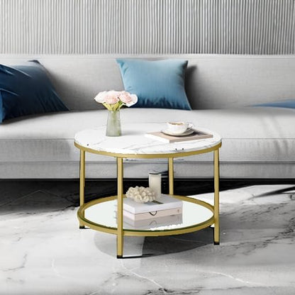 Marble Coffee Table with Glass Shelf and Gold Steel Frame, Modern Minimalist Center Table with Storage Shelf for Living Room Sofa and Lounge Area