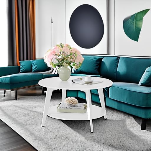2-Tier Round Coffee Table, Mid-Century Modern Living Room Center Table with Storage Shelf, Sturdy MDF & Particleboard Sofa Table for Apartment & Home Use