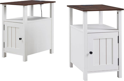 Nightstand Set of 2 with Charging Station, Farmhouse Bedside Tables with USB Ports, Storage & Barn Door Design