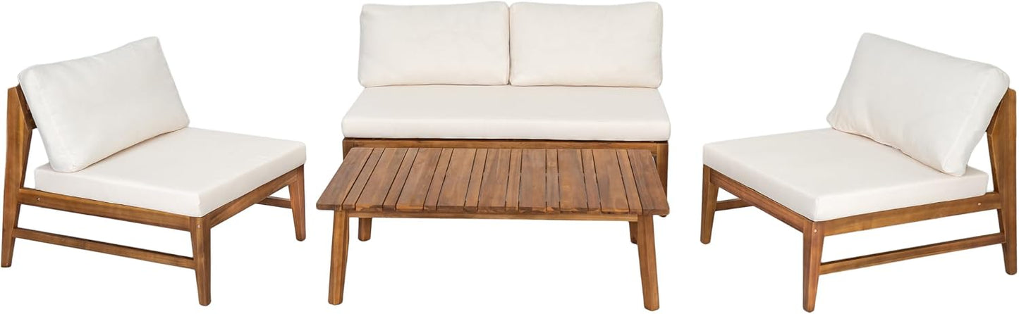 4-Piece Acacia Wood Patio Furniture Set with Loveseat, Armless Chairs & Coffee Table, Outdoor Conversation Set with Cushions for Backyard, Patio & Balcony