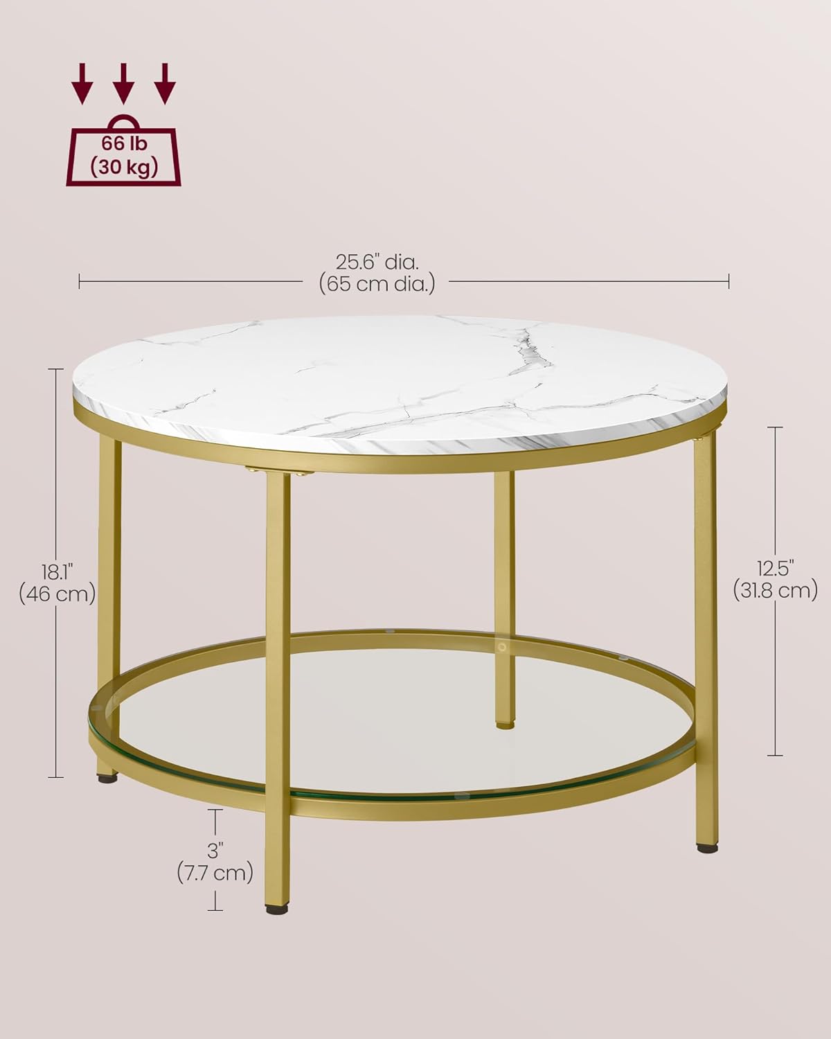 Marble Coffee Table with Glass Shelf and Gold Steel Frame, Modern Minimalist Center Table with Storage Shelf for Living Room Sofa and Lounge Area