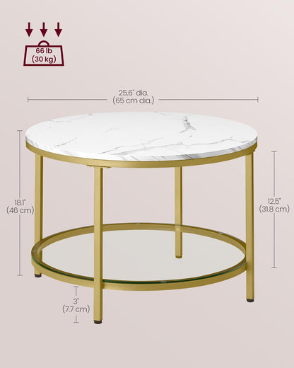 Marble Coffee Table with Glass Shelf and Gold Steel Frame, Modern Minimalist Center Table with Storage Shelf for Living Room Sofa and Lounge Area