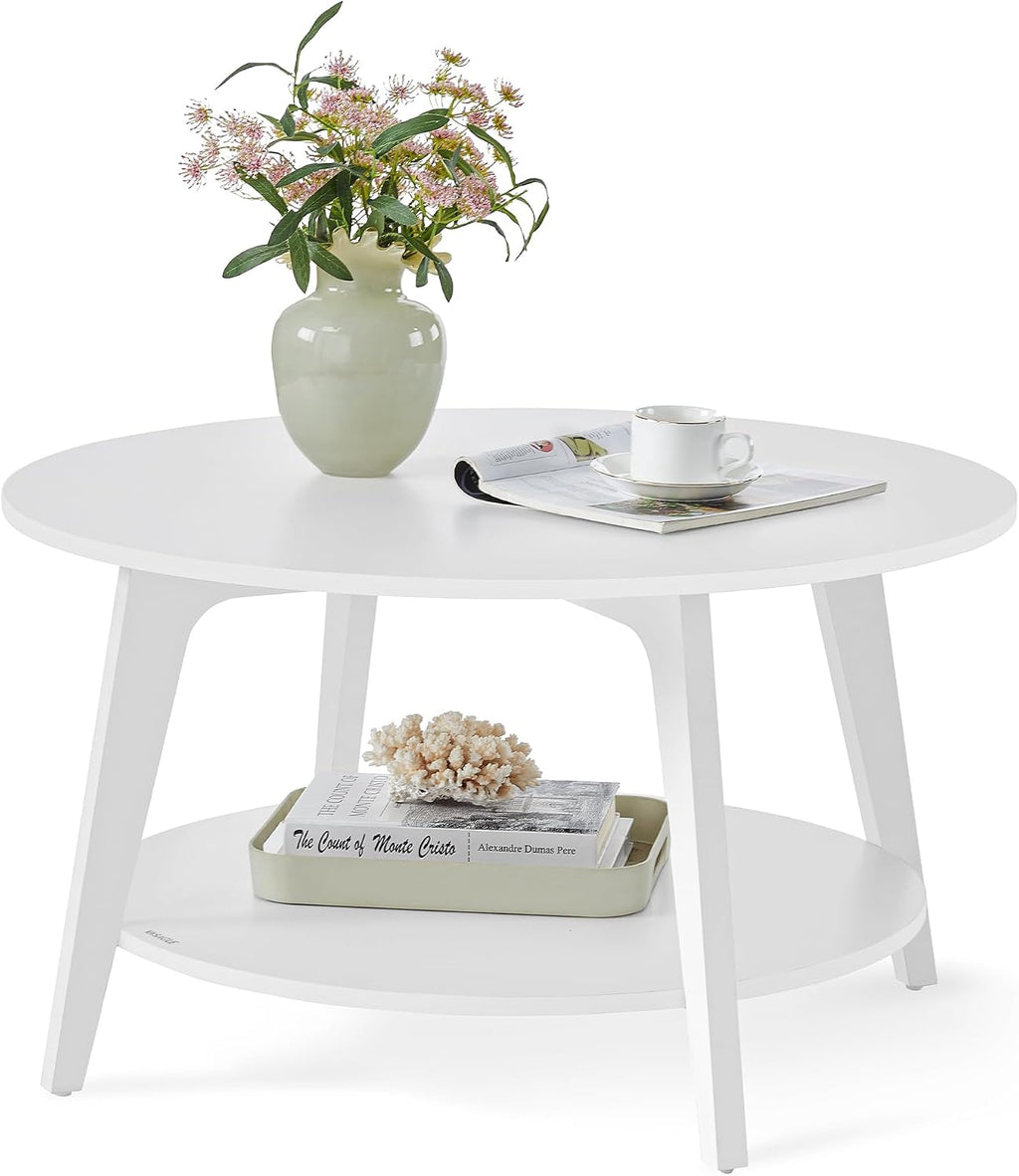 2-Tier Round Coffee Table, Mid-Century Modern Living Room Center Table with Storage Shelf, Sturdy MDF & Particleboard Sofa Table for Apartment & Home Use