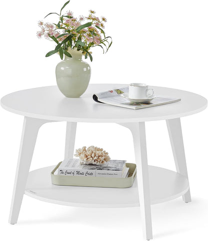 2-Tier Round Coffee Table, Mid-Century Modern Living Room Center Table with Storage Shelf, Sturdy MDF & Particleboard Sofa Table for Apartment & Home Use