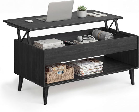 Lift-Top Coffee Table with Hidden Storage, Mid-Century Modern Design, Adjustable Tabletop & Open Shelf for Living Room Organization
