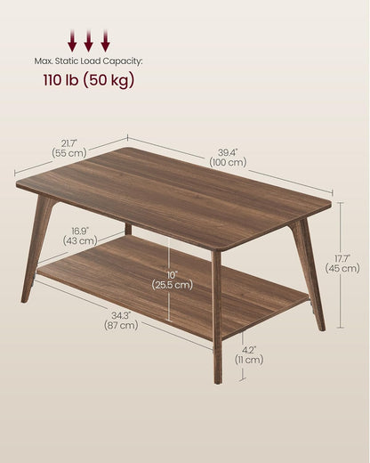 2-Tier Coffee Table with Storage Shelf, Mid-Century Modern Living Room Center Table, Sturdy Sofa Table with Open Shelf for Apartment & Home Use