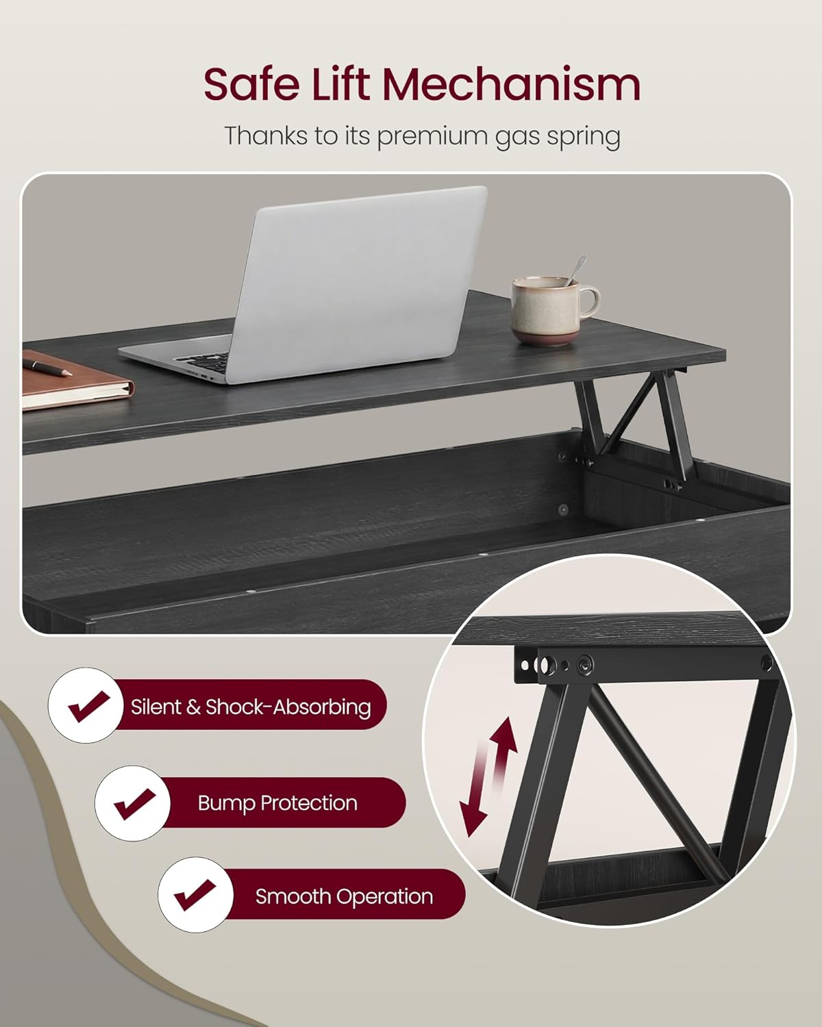 Lift-Top Coffee Table with Hidden Storage, Mid-Century Modern Design, Adjustable Tabletop & Open Shelf for Living Room Organization
