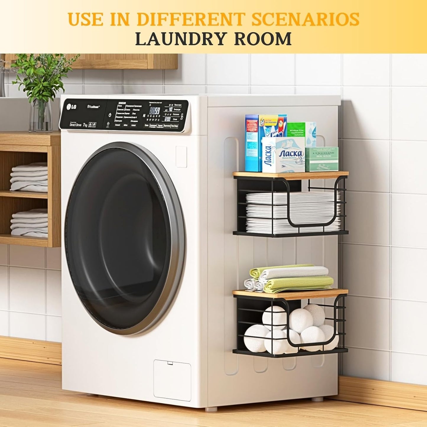 Magnetic Stackable Storage Bin with Bamboo Lid, Fridge Organizer Basket for Kitchen, Pantry & Laundry Space-Saving Container