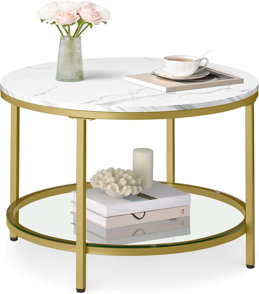 Marble Coffee Table with Glass Shelf and Gold Steel Frame, Modern Minimalist Center Table with Storage Shelf for Living Room Sofa and Lounge Area