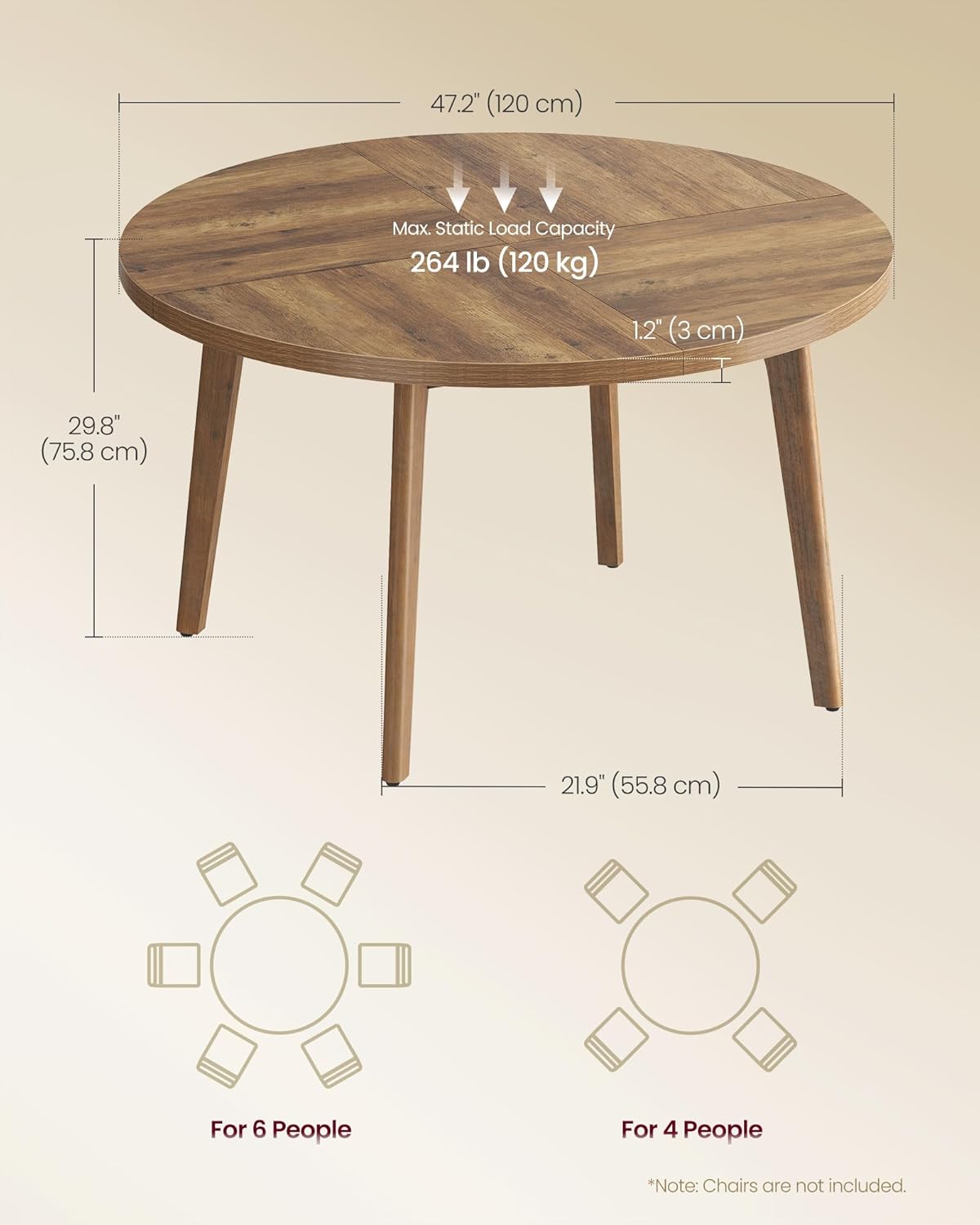 Round Dining Table 47.2” for 4–6 People, Mid-Century Modern Kitchen Table with Solid Wood Legs, Heat-Resistant Tabletop for Dining Room & Home Use