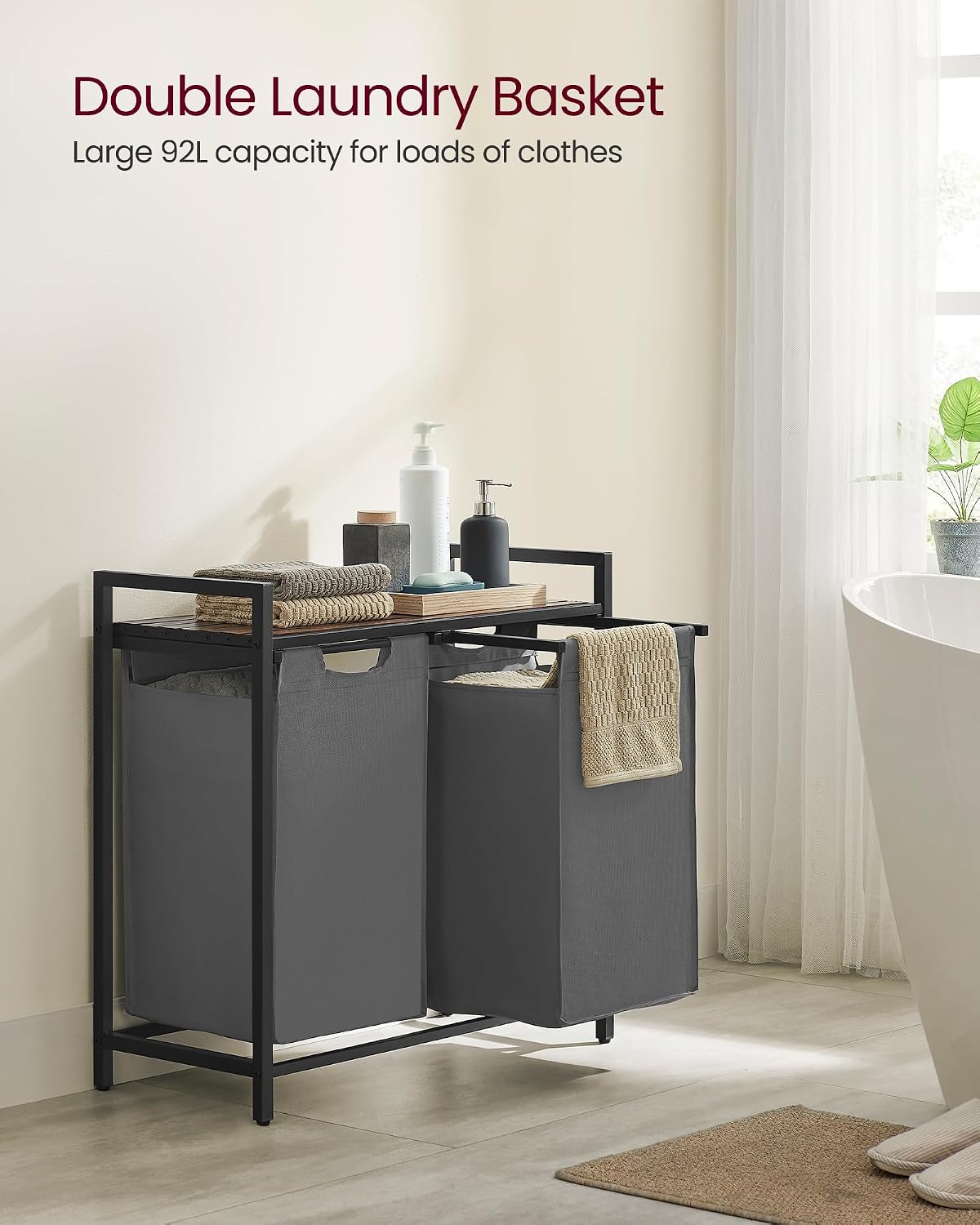 2-Section Laundry Hamper with Shelf, Removable Bags & Sturdy Steel Frame for Easy Sorting