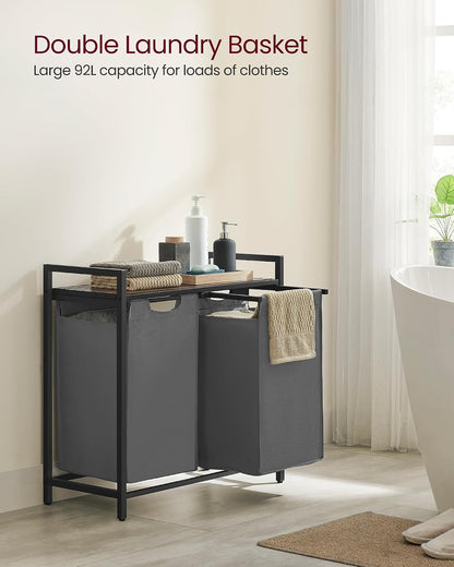 2-Section Laundry Hamper with Shelf, Removable Bags & Sturdy Steel Frame for Easy Sorting