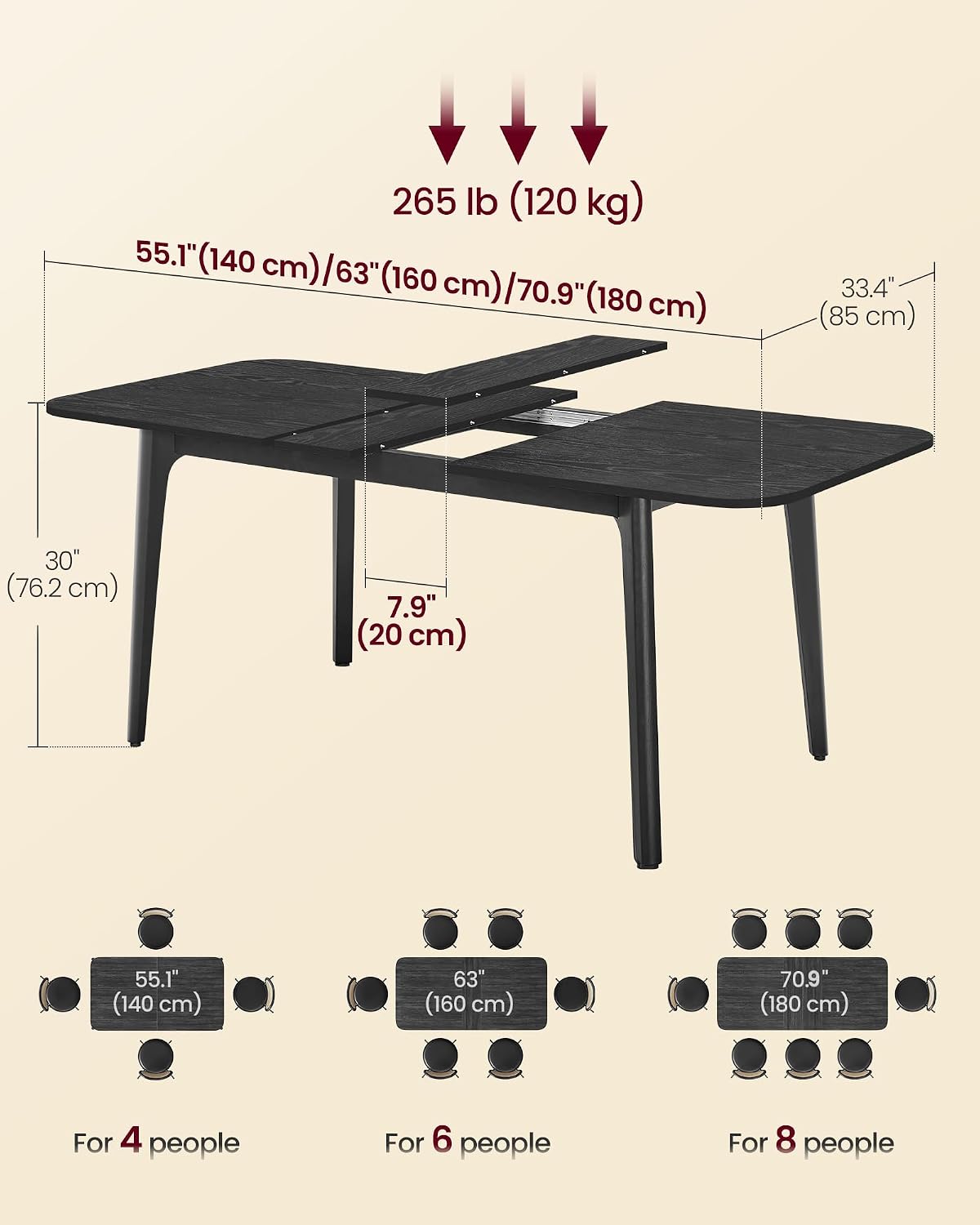 Extendable Dining Table 55–70.9” for 4–8 People, Mid-Century Modern Kitchen Table with Solid Wood Legs, Expandable Round-to-Oval Table for Dining Room & Home