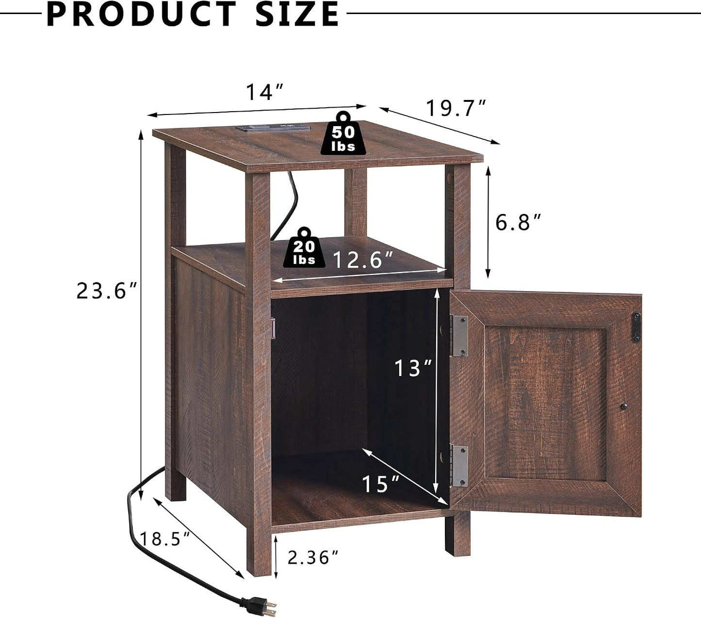 Nightstand Set of 2 with Charging Station, Farmhouse Bedside Tables with USB Ports, Storage & Barn Door Design