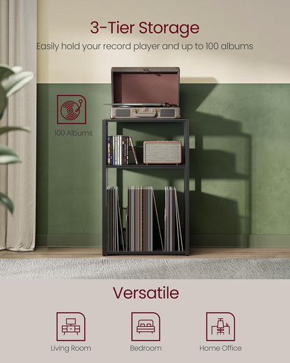 Vinyl Record Storage Stand with 3-Tier Shelves, Turntable Table with Album Organizer Rack, Industrial Side Table for Living Room Bedroom Media Storage
