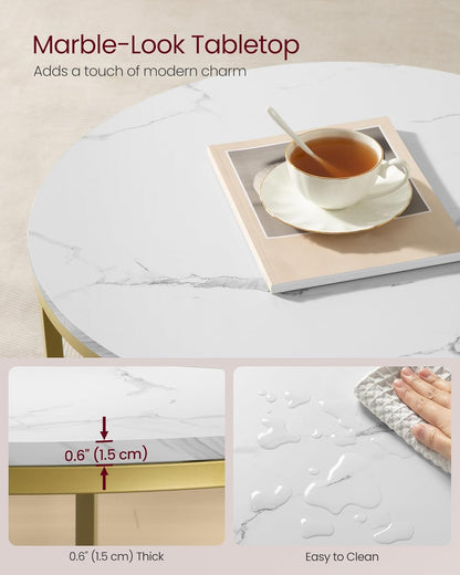 Marble Coffee Table with Glass Shelf and Gold Steel Frame, Modern Minimalist Center Table with Storage Shelf for Living Room Sofa and Lounge Area