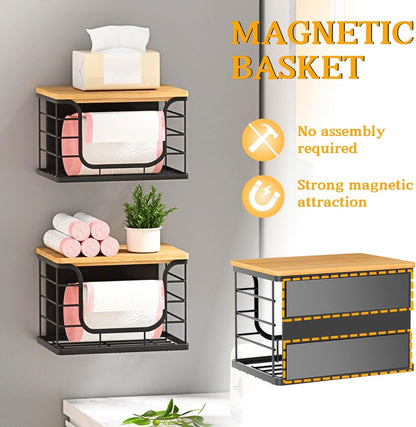 Magnetic Stackable Storage Bin with Bamboo Lid, Fridge Organizer Basket for Kitchen, Pantry & Laundry Space-Saving Container