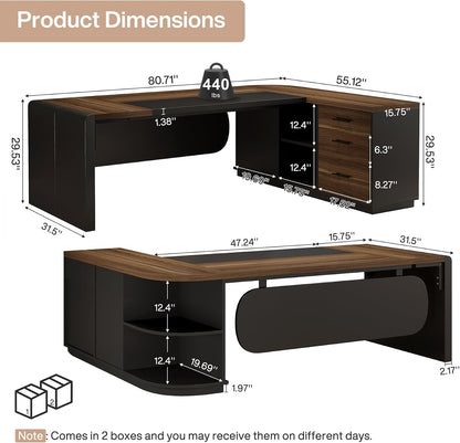 80.7” L-Shaped Executive Office Desk with 55” Storage Cabinet, Modern Business Desk with Drawers & File Storage for Home Office