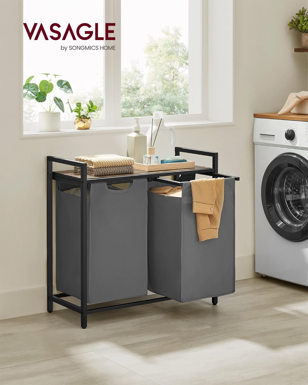 2-Section Laundry Hamper with Shelf, Removable Bags & Sturdy Steel Frame for Easy Sorting