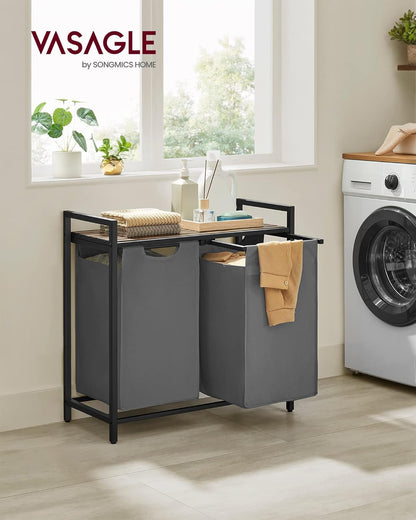 2-Section Laundry Hamper with Shelf, Removable Bags & Sturdy Steel Frame for Easy Sorting