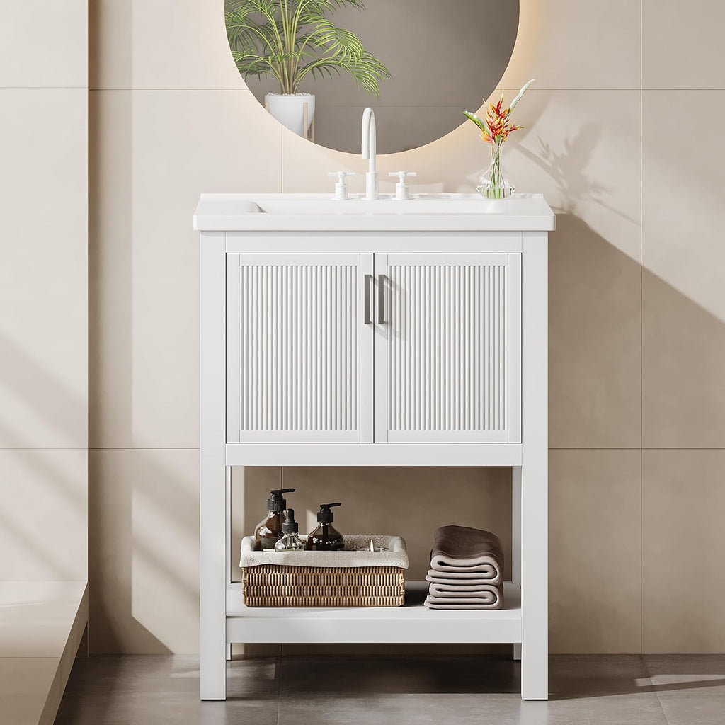 48” Bathroom Vanity Set with Sink Cabinet, Soft-Close Doors & Open Shelf Storage, Modern Bathroom Storage Cabinet with Metal Handles