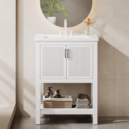 48” Bathroom Vanity Set with Sink Cabinet, Soft-Close Doors & Open Shelf Storage, Modern Bathroom Storage Cabinet with Metal Handles