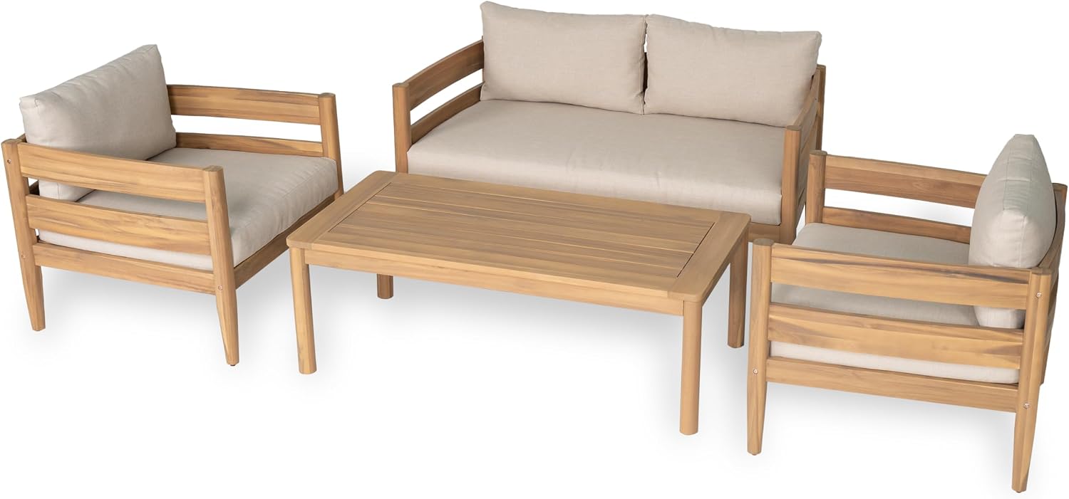 4-Piece Acacia Wood Patio Furniture Set with Loveseat, Club Chairs & Slatted Coffee Table, Outdoor Conversation Set for Patio, Garden & Deck