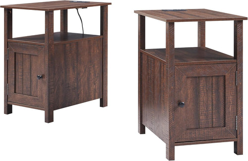Nightstand Set of 2 with Charging Station, Farmhouse Bedside Tables with USB Ports, Storage & Barn Door Design