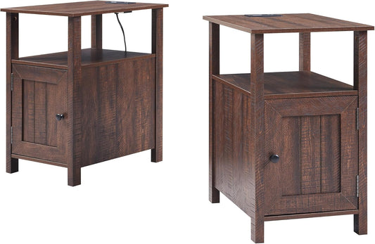 Nightstand Set of 2 with Charging Station, Farmhouse Bedside Tables with USB Ports, Storage & Barn Door Design