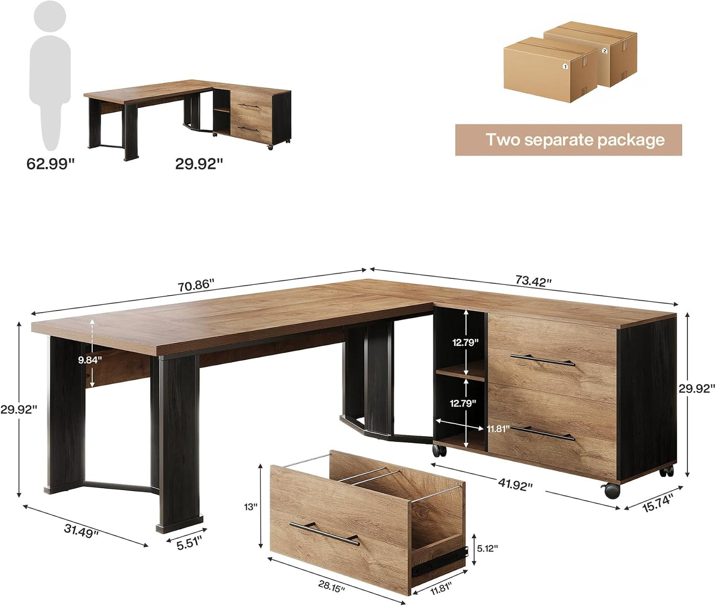 70.86” Executive Office Desk with Mobile File Cabinet, L-Shaped Computer Desk with Storage Drawers, Large Workspace Study Table with Wheels for Home Office