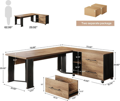 70.86” Executive Office Desk with Mobile File Cabinet, L-Shaped Computer Desk with Storage Drawers, Large Workspace Study Table with Wheels for Home Office