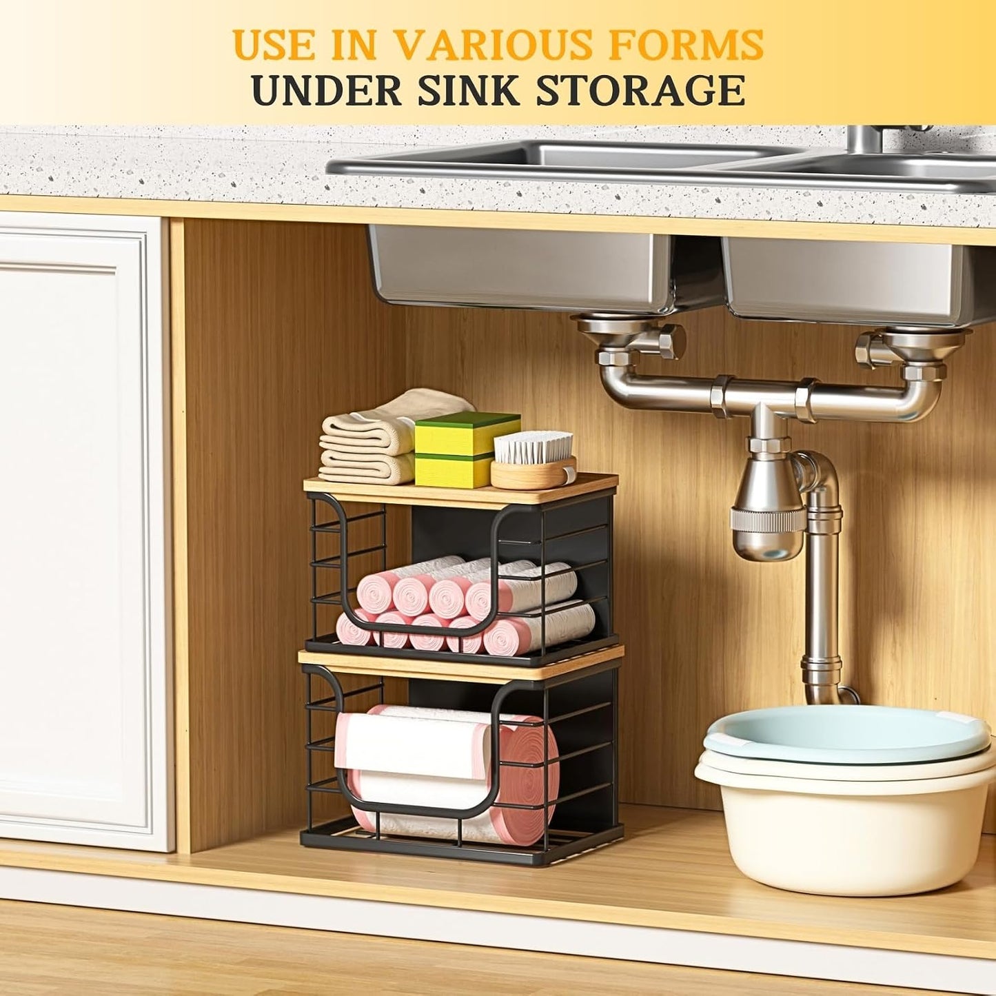 Magnetic Stackable Storage Bin with Bamboo Lid, Fridge Organizer Basket for Kitchen, Pantry & Laundry Space-Saving Container