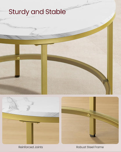 Marble Coffee Table with Glass Shelf and Gold Steel Frame, Modern Minimalist Center Table with Storage Shelf for Living Room Sofa and Lounge Area