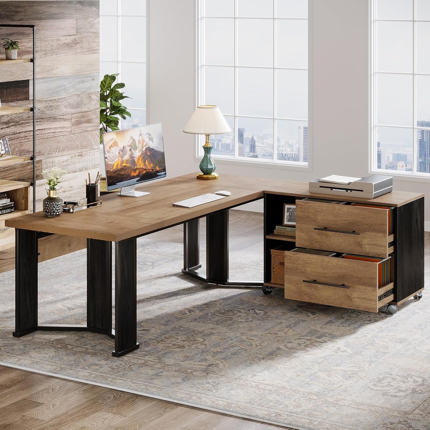 70.86” Executive Office Desk with Mobile File Cabinet, L-Shaped Computer Desk with Storage Drawers, Large Workspace Study Table with Wheels for Home Office