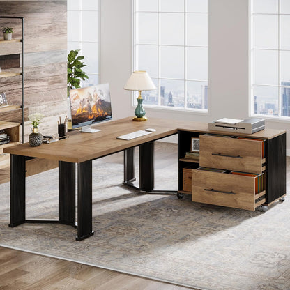70.86” Executive Office Desk with Mobile File Cabinet, L-Shaped Computer Desk with Storage Drawers, Large Workspace Study Table with Wheels for Home Office