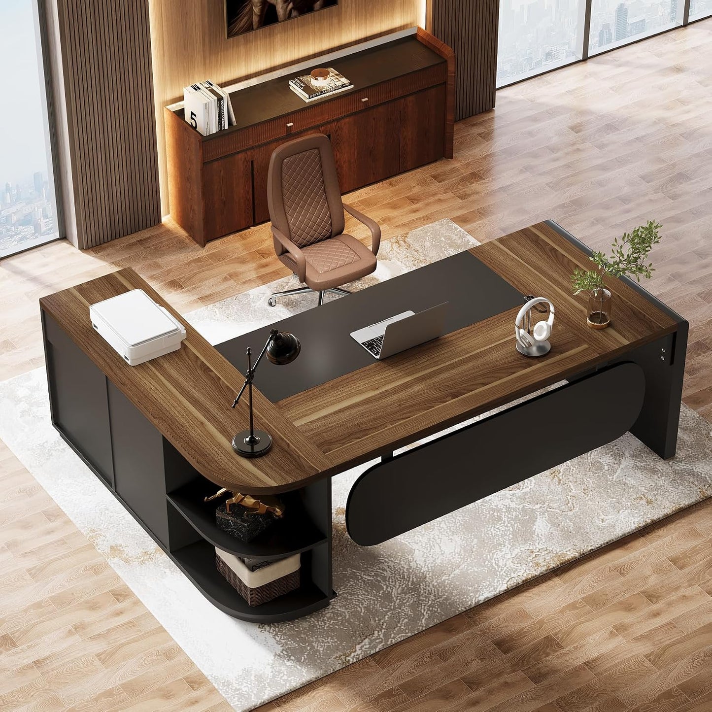 80.7” L-Shaped Executive Office Desk with 55” Storage Cabinet, Modern Business Desk with Drawers & File Storage for Home Office
