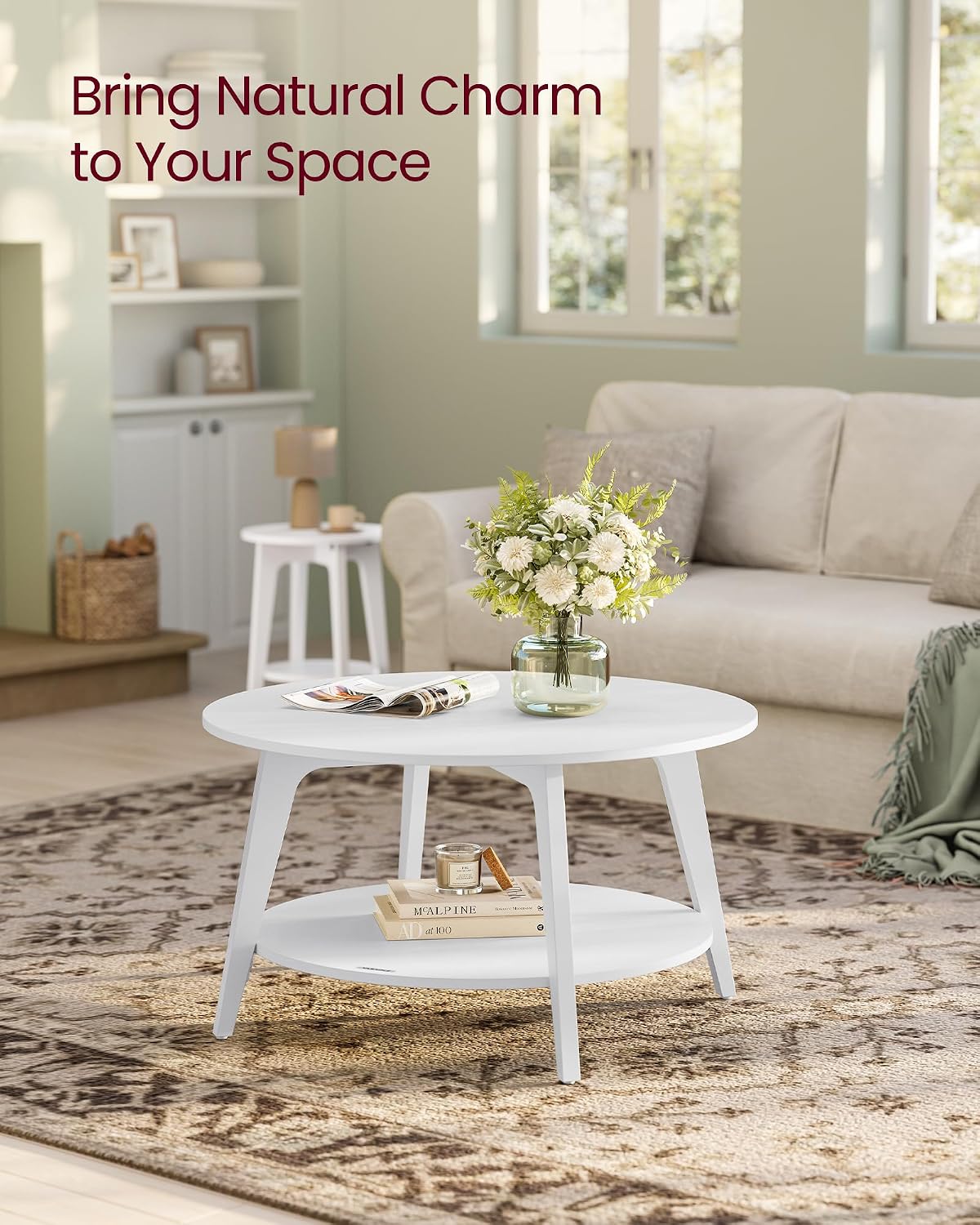 2-Tier Round Coffee Table, Mid-Century Modern Living Room Center Table with Storage Shelf, Sturdy MDF & Particleboard Sofa Table for Apartment & Home Use