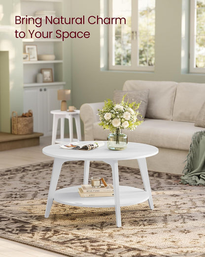 2-Tier Round Coffee Table, Mid-Century Modern Living Room Center Table with Storage Shelf, Sturdy MDF & Particleboard Sofa Table for Apartment & Home Use