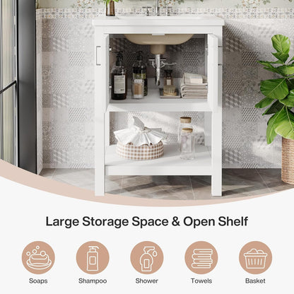 48” Bathroom Vanity Set with Sink Cabinet, Soft-Close Doors & Open Shelf Storage, Modern Bathroom Storage Cabinet with Metal Handles