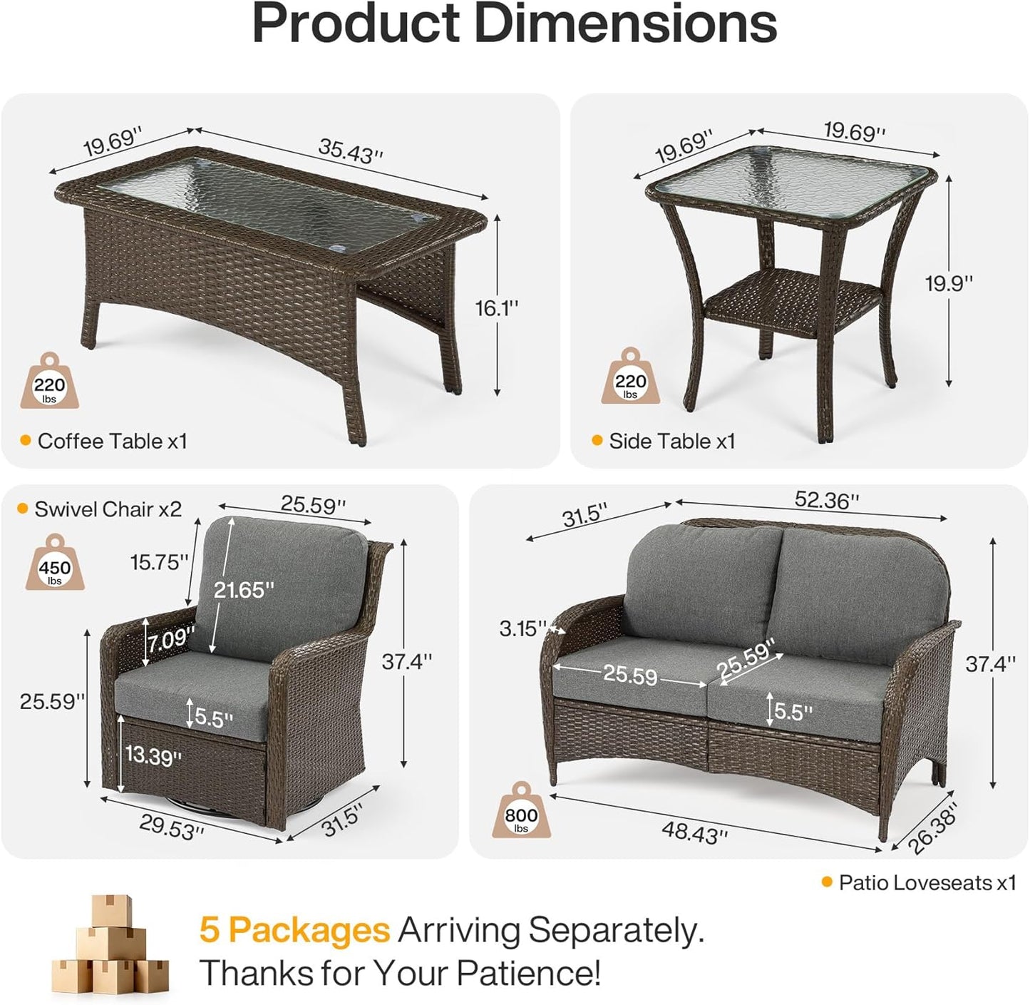 5-Piece Outdoor Patio Furniture Set with 360° Swivel Chairs, Loveseat, Coffee Table & Side Table, PE Rattan Patio Conversation Set for Backyard, Porch & Poolside