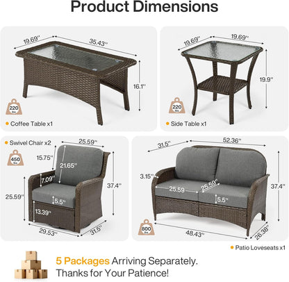 5-Piece Outdoor Patio Furniture Set with 360° Swivel Chairs, Loveseat, Coffee Table & Side Table, PE Rattan Patio Conversation Set for Backyard, Porch & Poolside