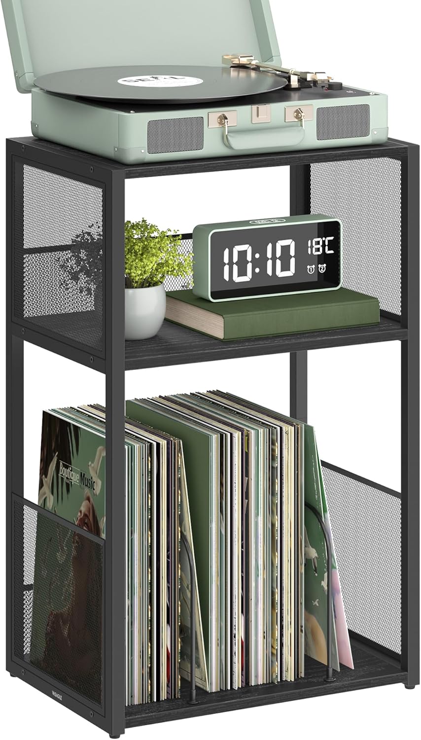 Vinyl Record Storage Stand with 3-Tier Shelves, Turntable Table with Album Organizer Rack, Industrial Side Table for Living Room Bedroom Media Storage