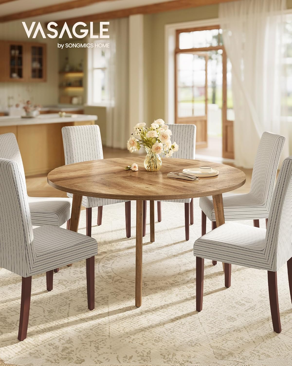 Round Dining Table 47.2” for 4–6 People, Mid-Century Modern Kitchen Table with Solid Wood Legs, Heat-Resistant Tabletop for Dining Room & Home Use