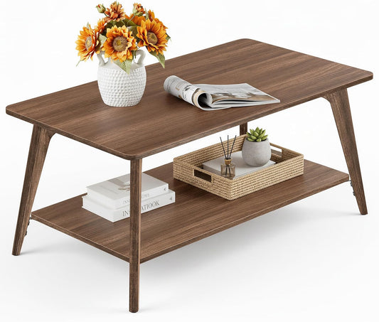 2-Tier Coffee Table with Storage Shelf, Mid-Century Modern Living Room Center Table, Sturdy Sofa Table with Open Shelf for Apartment & Home Use