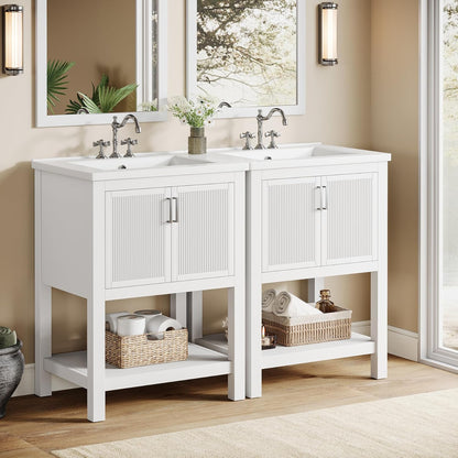 48” Bathroom Vanity Set with Sink Cabinet, Soft-Close Doors & Open Shelf Storage, Modern Bathroom Storage Cabinet with Metal Handles
