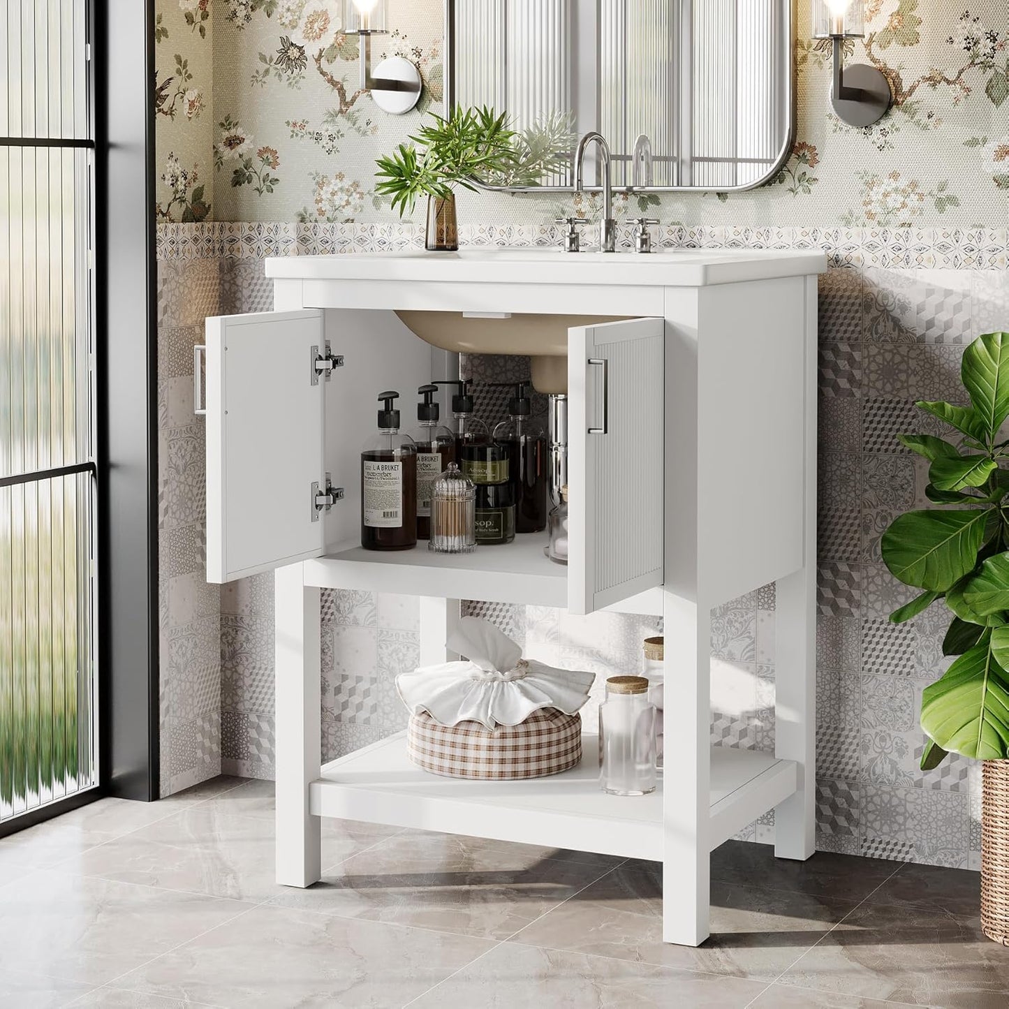 48” Bathroom Vanity Set with Sink Cabinet, Soft-Close Doors & Open Shelf Storage, Modern Bathroom Storage Cabinet with Metal Handles