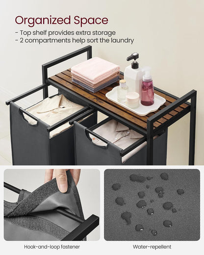 2-Section Laundry Hamper with Shelf, Removable Bags & Sturdy Steel Frame for Easy Sorting