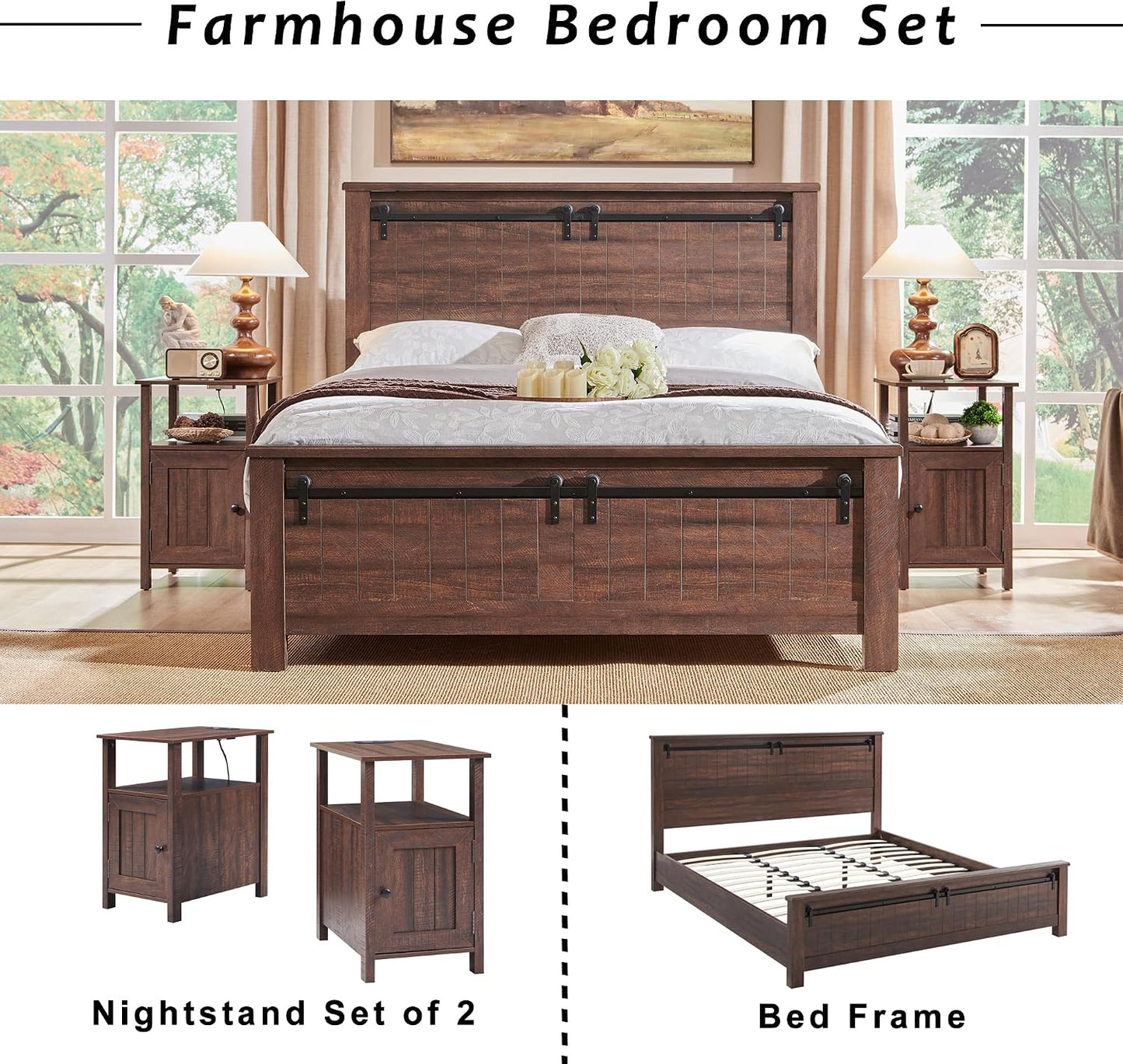 Nightstand Set of 2 with Charging Station, Farmhouse Bedside Tables with USB Ports, Storage & Barn Door Design