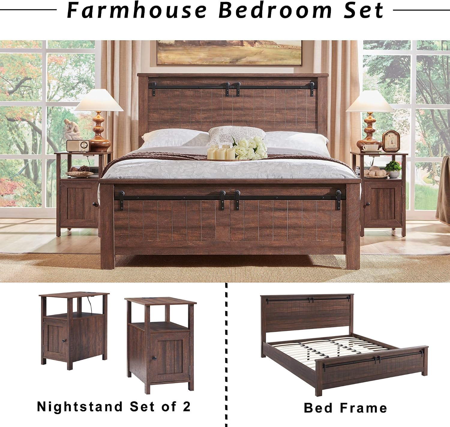 Nightstand Set of 2 with Charging Station, Farmhouse Bedside Tables with USB Ports, Storage & Barn Door Design